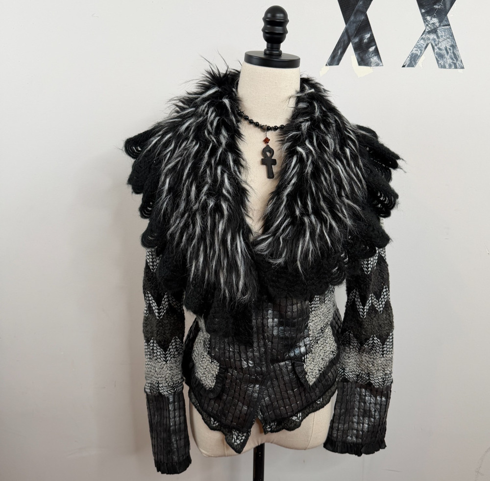 NWT Cropped Penny Lane Coat Detachable Fur Crochet Collar Metallic Sample S M